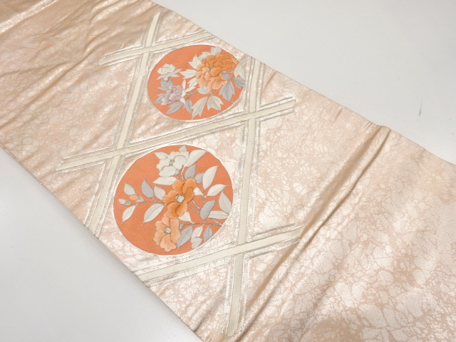 斜め格子に椿模様　刺繍　名古屋帯